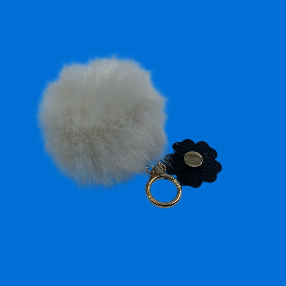 Michael Kors White Fur Pom Pom Keychain Bag Charm Gold Tone Ring Black Flower